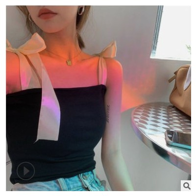 蝴蝶結吊帶甜辣上衣女氣質外穿2021年夏季新款短款修身打底背心女