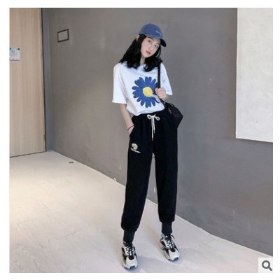 韓版夏季休閑套裝女小雛菊圓領寬松短袖T恤+百搭休閑高腰系帶褲子