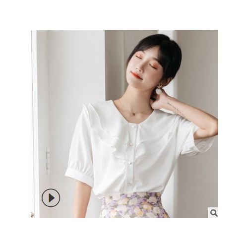 2021新款韓版氣質顯瘦純色荷葉邊雙層單釘珠短袖雪紡衫女夏季