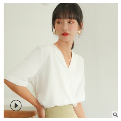 2021夏季新款白襯衣職業雪紡襯衫女士設計感小眾短袖氣質上衣