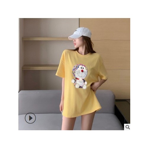 女裝2021夏季新款潮哆啦A夢燙鉆亮片重工中長款上衣時尚棉T恤女