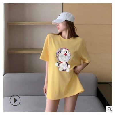 女裝2021夏季新款潮哆啦A夢燙鉆亮片重工中長款上衣時尚棉T恤女