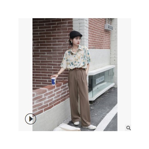 2021新款休閑印花襯衫女夏短袖港味復古chic上衣外穿度假風襯衣