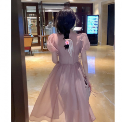 大Eees梵高水彩畫 法式蓬蓬連衣裙泡泡袖v領印花溫柔風仙女茶歇裙