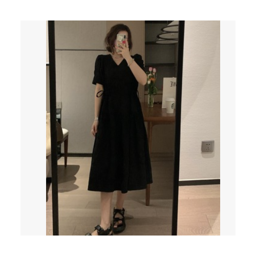 VEEE 氣質jue了 小赫本V領抽繩長款顯瘦法式白色連衣裙夏季新款女