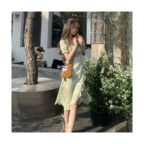 JMSHOP 綠野仙蹤 泡泡袖裙子吊帶露肩設計感中長款雪紡碎花連衣裙