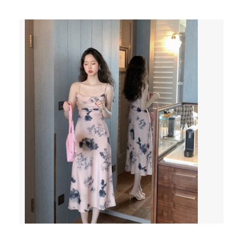 章蜜糖 云想衣裳優雅氣質浪漫溫柔水墨畫雪紡吊帶連衣裙長裙