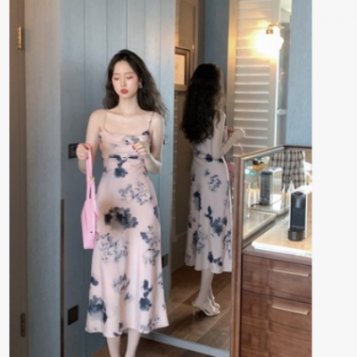 章蜜糖 云想衣裳優雅氣質浪漫溫柔水墨畫雪紡吊帶連衣裙長裙