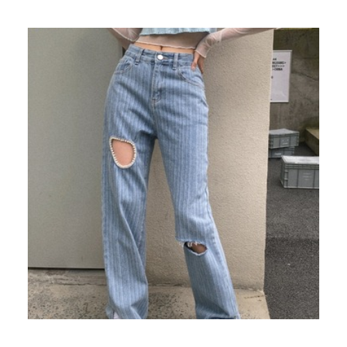 2021破洞愛心牛仔褲女夏高腰開叉寬松直筒闊腿長褲辣妹垂感褲子