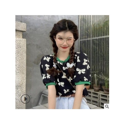 廠家批發泡泡短袖女薄夏季2021新款設計感T恤針織短款上衣蝴蝶結
