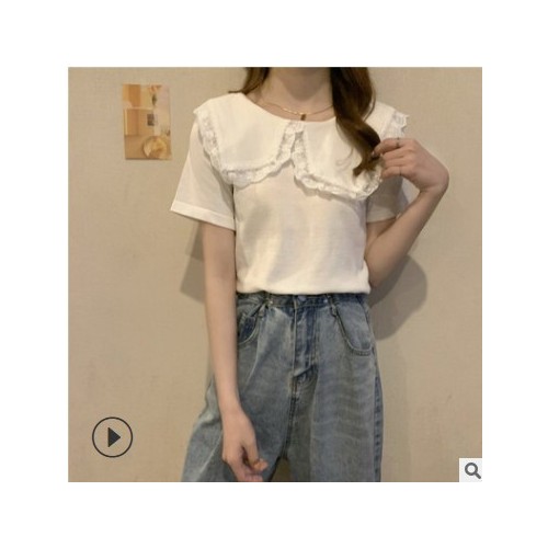 廠家批發蕾絲花邊娃娃領短袖T恤女裝薄款夏季新款設計感短款上衣