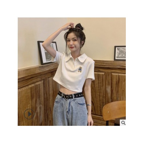 廠家批發辣妹polo領短袖T恤女夏季新款設計感露臍短款上衣服ins潮