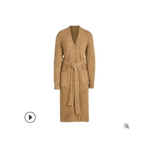 2021歐美秋冬爆款女裝時尚毛絨系帶長款開衫有腰帶浴袍家居服外套