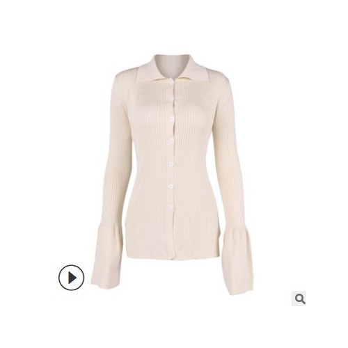 歐美跨境秋冬新款女裝時尚純色針織喇叭袖開衫外套女針織衫 毛衣