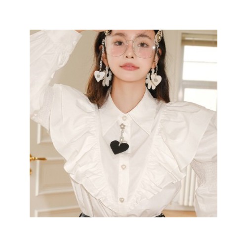 S8932純色氣質優雅春季新款襯衫木耳邊泡泡袖寬松單排扣白襯衣女