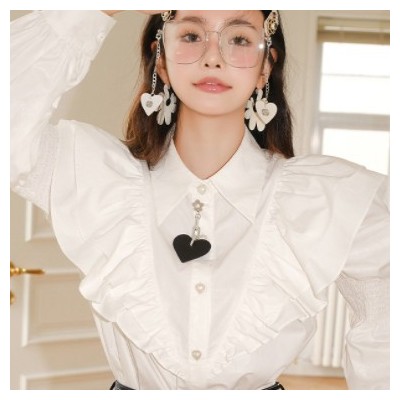 S8932純色氣質優雅春季新款襯衫木耳邊泡泡袖寬松單排扣白襯衣女