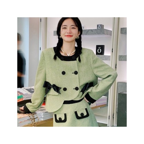 DL195小香風蝴蝶結兩件套長袖寬松上衣外套A字短裙套裝秋季設計感