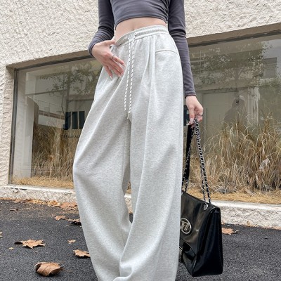 闊腿褲女春秋冬季2024新款高腰顯瘦美式運動褲加絨加厚休閑直筒褲