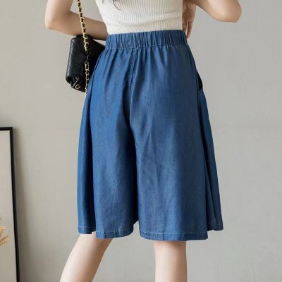 垂感順滑柔軟舒適天絲牛仔短褲女夏季薄款五分闊腿褲短褲松緊高腰