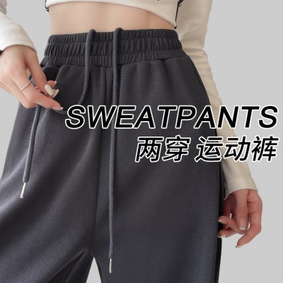 運動褲女春秋季2024新款美式束腳抽繩寬松休閑直筒兩穿灰色衛褲子