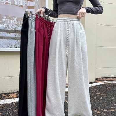 安哥拉紅美式運動褲女春秋2024新款高腰垂感冬季加絨休閑闊腿褲子