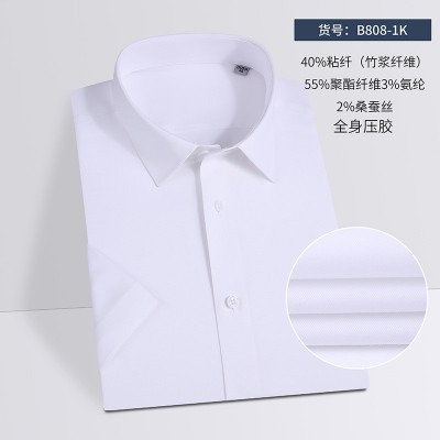 桑蠶絲竹纖維高級感短袖男式襯衫藍白色夏天通勤職業(yè)男士襯衣