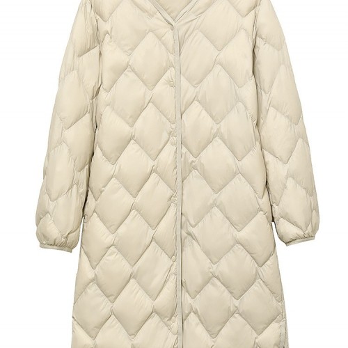 跨境輕薄羽絨服女中長款秋冬新款V領(lǐng)長款韓版外套無領(lǐng)內(nèi)膽潮反季