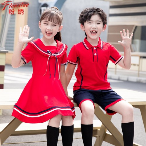 粉繡2023新款幼兒園園服夏季中小學生套裝兒童學院風英倫校服班服