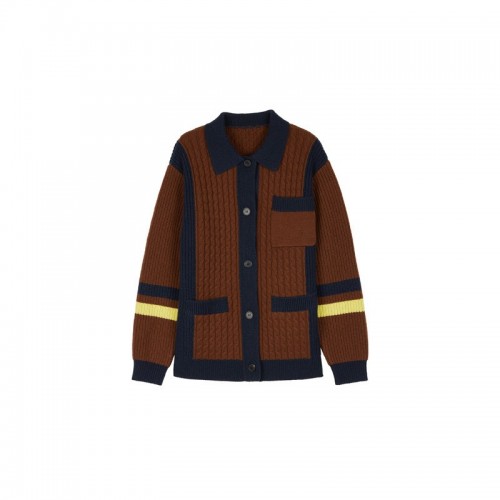 開間/高克重經典M1U風荃羊毛絞花小翻領撞色袖時髦寬松針織開衫