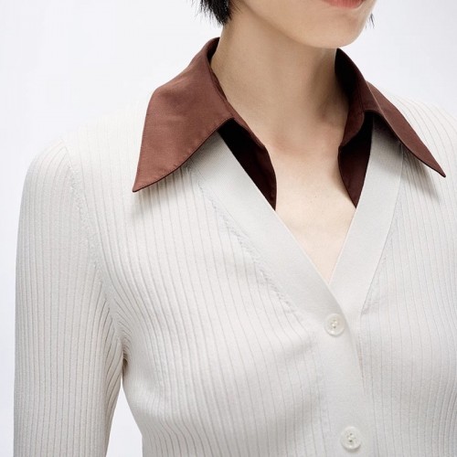 針織開衫女2024春新款時尚修身顯瘦可拆襯衫領假兩件針織衫女裝