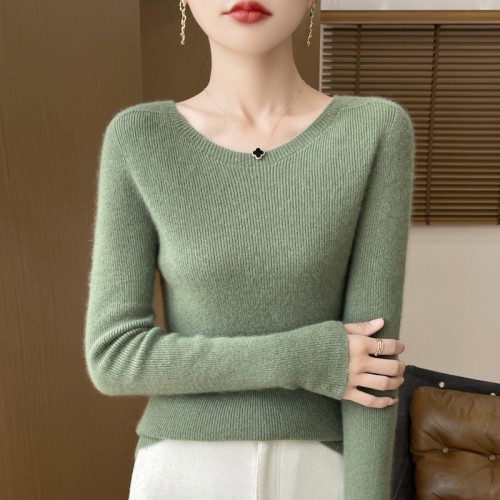 跨境批發秋冬新款圓領抽條打底衫女修身套頭毛衣百搭顯瘦針織長袖