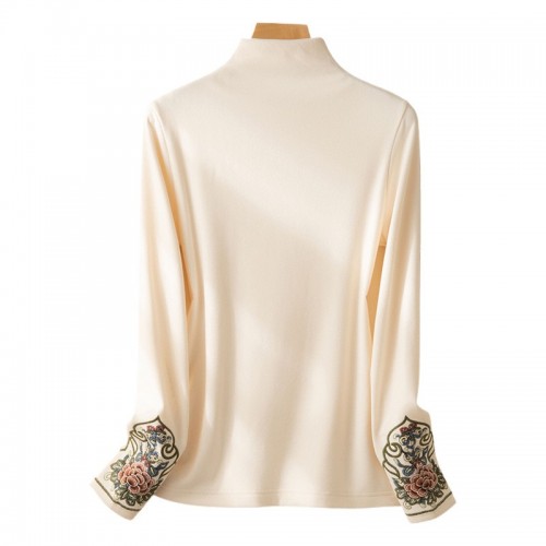 24秋冬新款洋氣半高領雙面德絨針織打底衫女長袖國風刺繡軟糯上衣