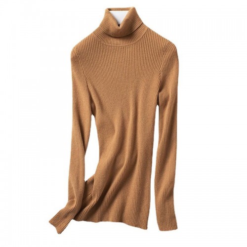 2024秋季新款坑條女士堆堆領套頭針織衫高領修身女長款打底衫毛衣