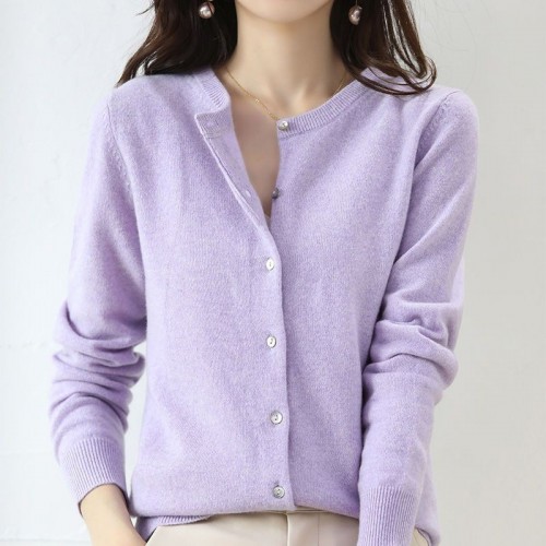 秋季新款毛衣開衫女純色外套圓領外套長袖寬松大碼上衣2024針織衫