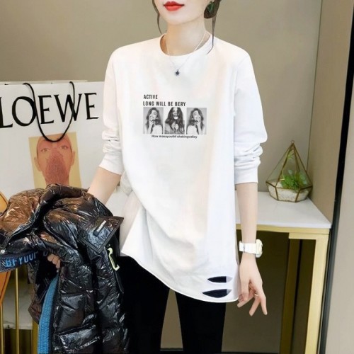 純棉加絨】中長款白色長袖T恤女打底衫圓領精梳棉上衣正肩破洞