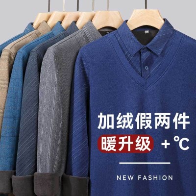 假兩件毛衣男冬季加絨加厚男士襯衫長袖休閑打底衫新款男裝針織衫