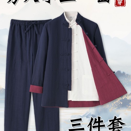 中老年唐裝男雙面穿亞麻三件套中式盤扣復古風兩面穿一整套居士服