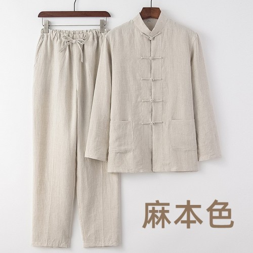 中老年唐裝男青年中國風夏季襯衫純亞麻套裝盤扣麻料長袖中式男裝