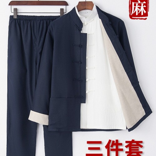 中國風春秋款唐裝男青年復古男裝棉麻套裝兩件套男士盤扣一整套