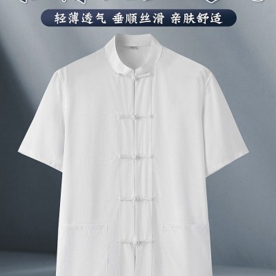 中老年唐裝男夏裝短袖上衣新中式夏季薄款中國風天絲襯衫夏天涼感
