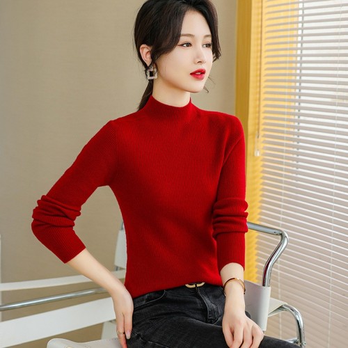 無縫一體針織衫女秋冬新款純羊毛半高領女士羊毛衫長袖坑條打底衫
