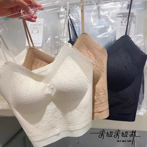 米婭琳680冰絲無痕蕾絲聚攏美背刺繡V吊帶背心性感薄一體固定打底