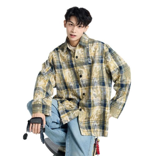 2025春季新款扎染襯衫男潮牌潑墨印花長袖格子襯衣設計感休閑寬松