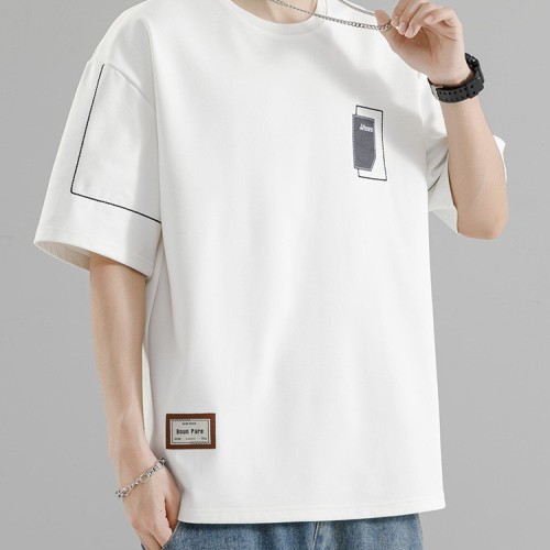 夏季潮流港風男裝繡花圓領短袖T恤胖男士加肥加大碼寬松純色體恤