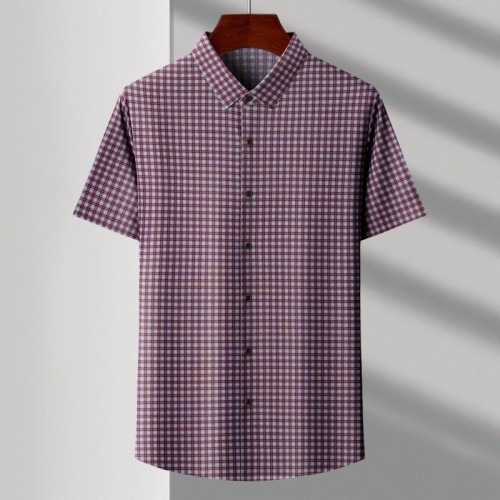 專柜高檔桑蠶絲格子襯衫新款男裝經典中年商務休閑上衣短袖襯衣夏