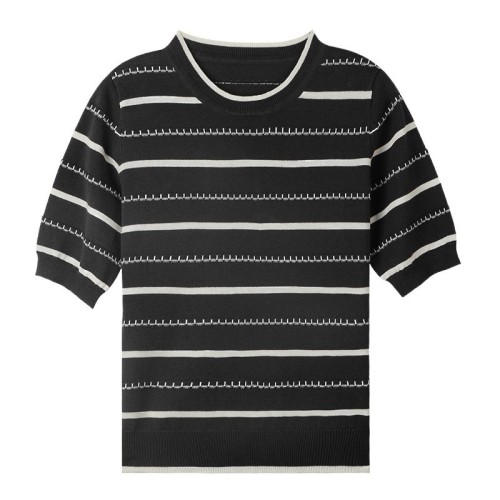 黑白條紋短袖T恤女薄款圓領撞色半袖毛衣女棉線針織大碼上衣遮肚