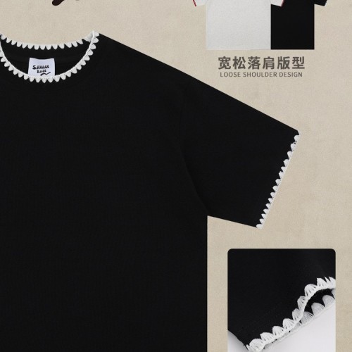 美式復(fù)古撞色圓領(lǐng)t恤小眾設(shè)計勾邊貝殼繡花邊半袖純色短袖t恤男女