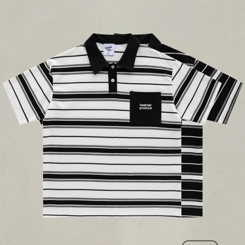 260g重磅純棉日系條紋t恤寬松百搭情侶翻領(lǐng)短袖POLO衫夏季半袖男