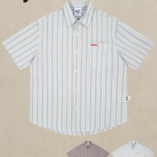 日系復(fù)古豎條紋襯衫男女夏季短袖休閑百搭高品質(zhì)純棉情侶襯衣薄款