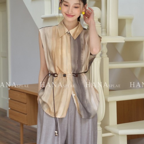 HANNA 含那微光流轉暈染無袖襯衫女夏新款人絲垂墜質感上衣H17720